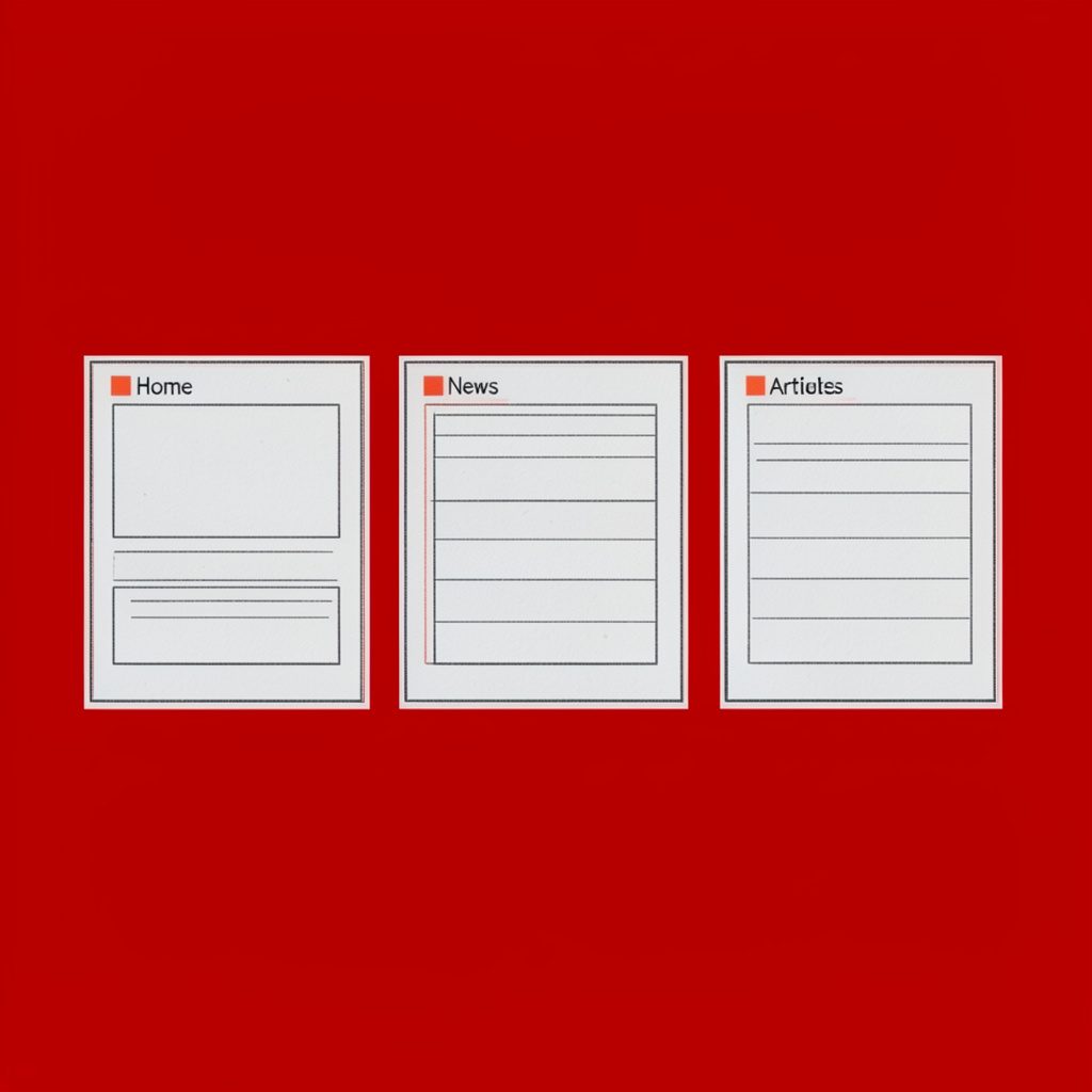 A clean editorial diagram showing three connected panels labelled Home, News, and Articles, drawn in charcoal linework with red-orange accent markers on a light gray field, in a precise technical style.